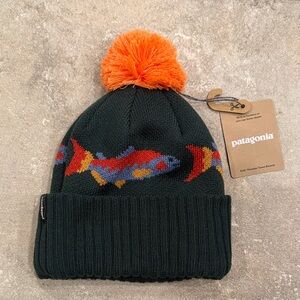 NWT Patagonia Kids' Beanie with Orange Pom and Fish Design